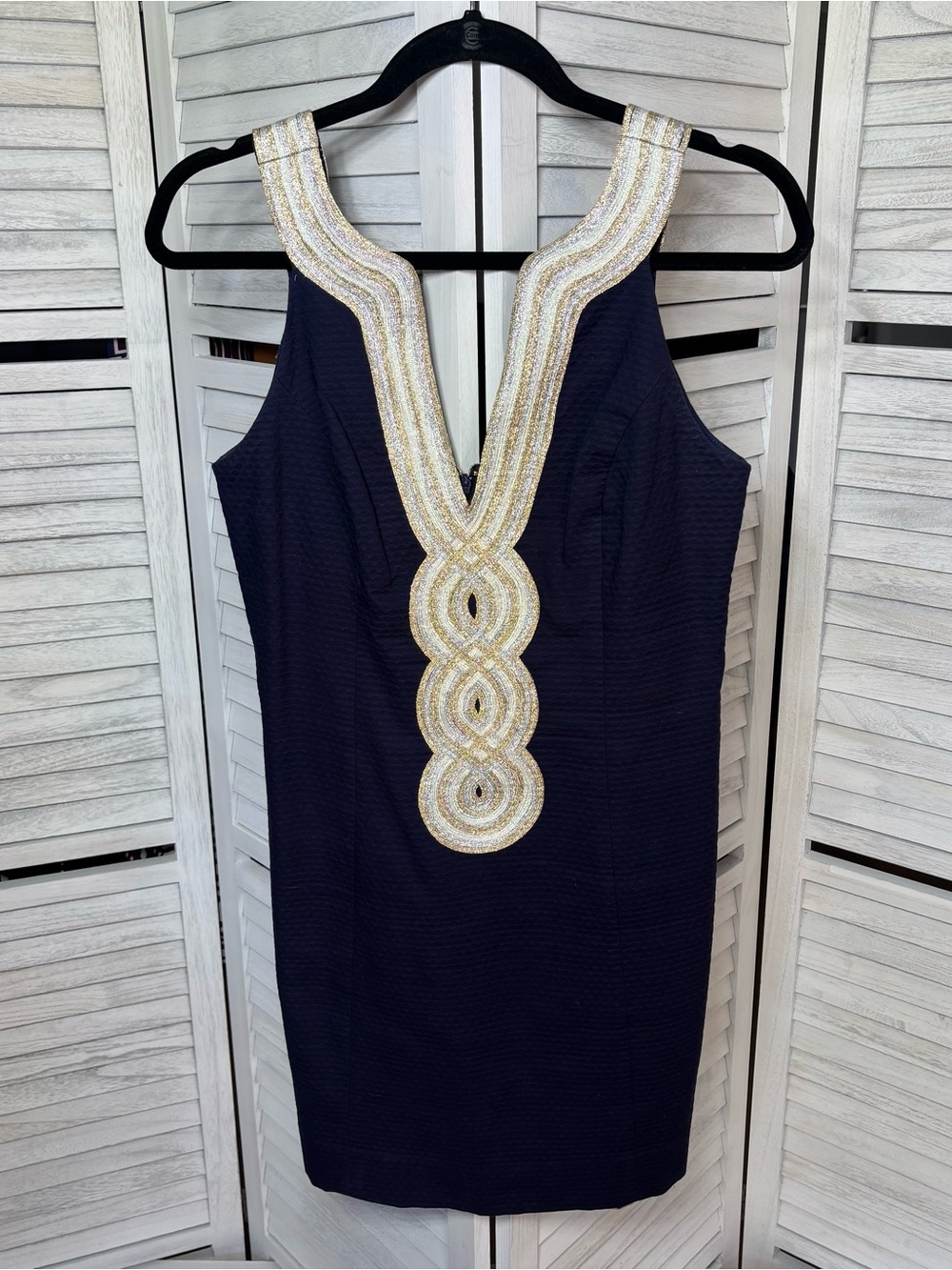 Lilly Pulitzer Navy Gold Metallic Embroidered Shift Dress Size 6